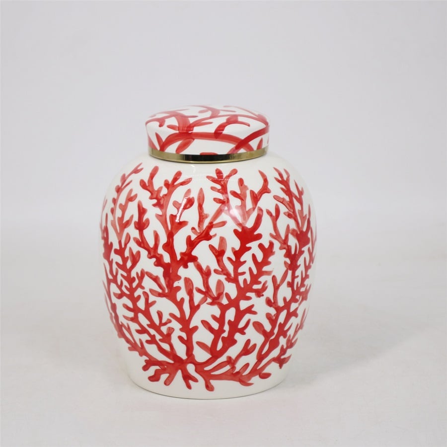 Bocale en porcelaine blanche avec motif de corail rouge vif, doté d'un couvercle assorti et d'un anneau doré.