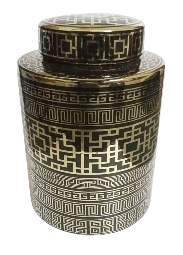 Bocale à thé en céramique noir et or brillant avec motifs grecs géométriques répétitifs (méandres) sur le corps et le couvercle.