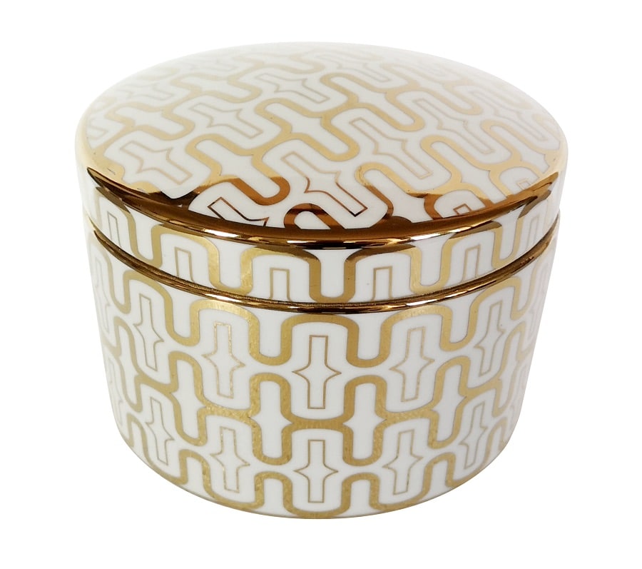 Boîte ronde en porcelaine blanche avec un motif géométrique Art Déco répétitif doré et des bordures dorées sur le couvercle.