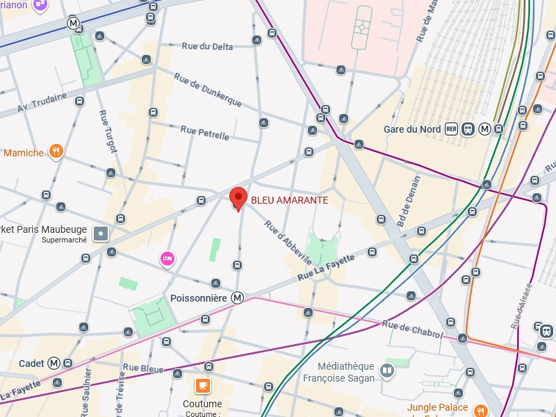 Carte de Paris centrée sur Bleu Amarante, près de la Gare du Nord et de la station Poissonnière (M), montrant les rues Turgot, Dunkerque, et La Fayette.