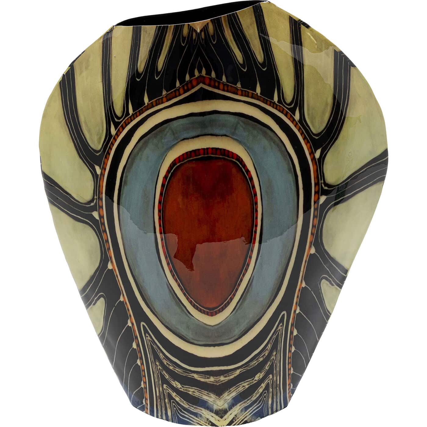 Vase en verre soufflé abstrait aux motifs symétriques rappelant un œil de paon, dominé par des formes ovales rouge-brun et bleu-gris.